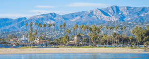 view of the santa barbara city, ocean, and mountains