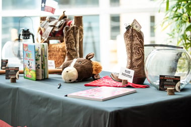 Table with children's book, donation jar and horse stuffed animal