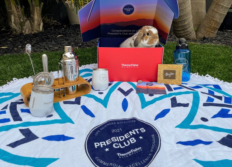 examples of gift boxes for a sales incentive trip, including a branded box, branded towel, branded wine mugs, cocktail making kit, and bunny