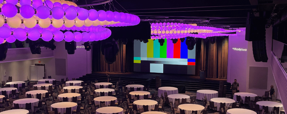 event production stage set up before a conference