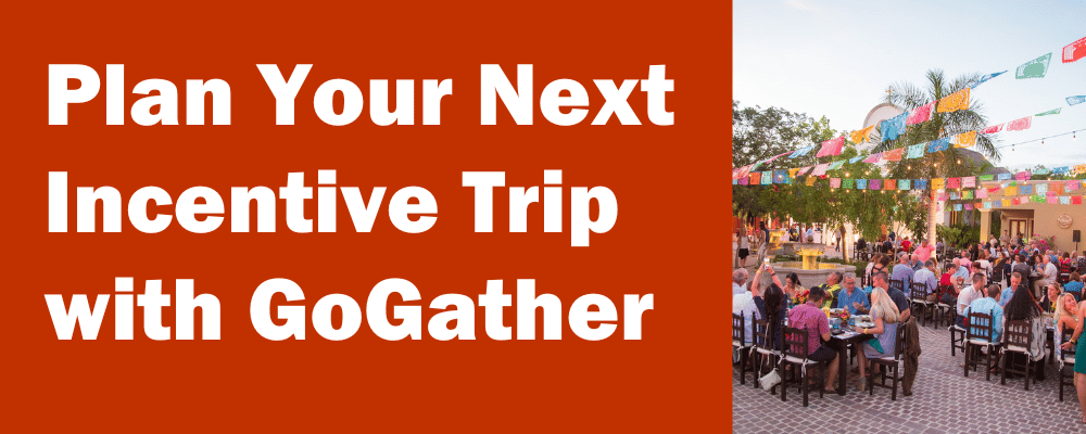 Group of attendees eating dinner with title 'Your Next Incentive Trip with GoGather'