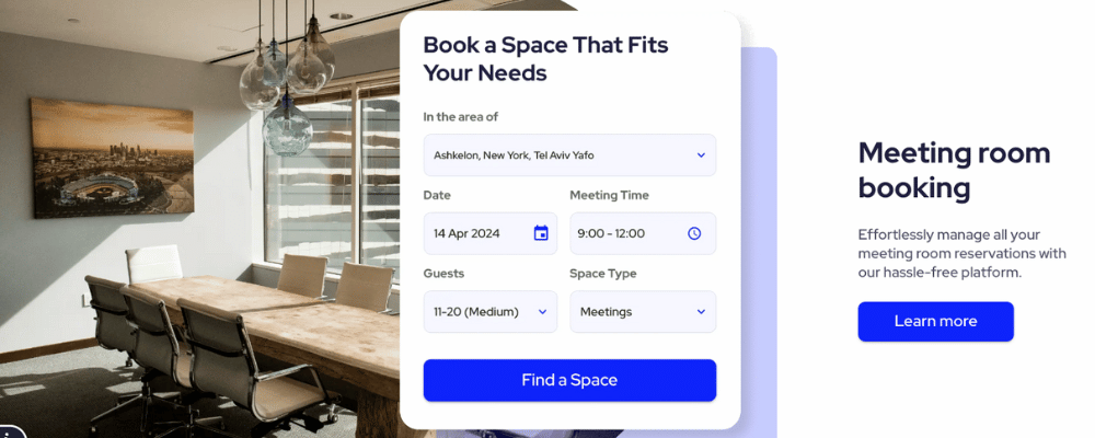 book a space venue sourcing search webpage