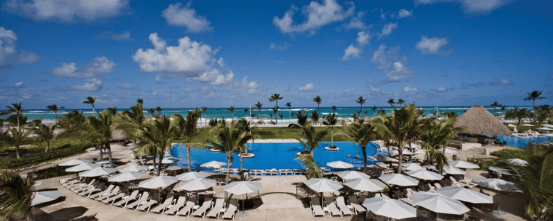 beach resort pool with cabanas
