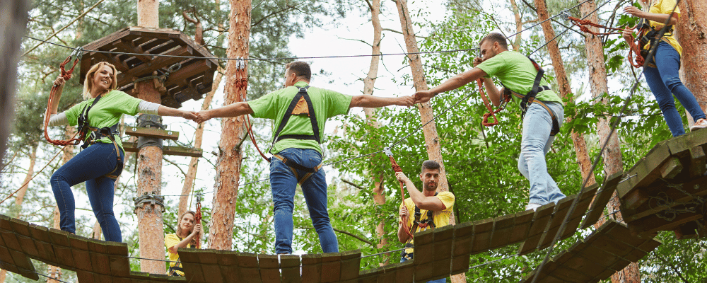 Group participating in team-building activity during company retreat