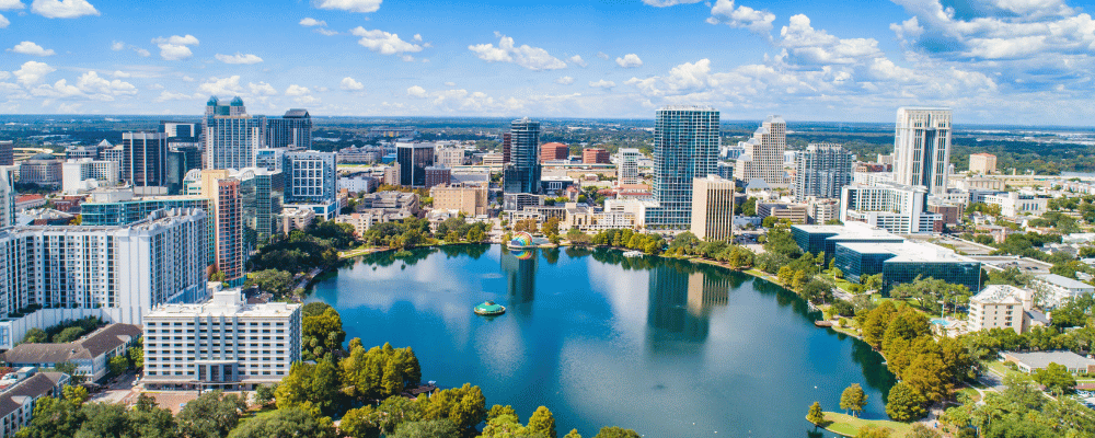 view of orlando city center and lake