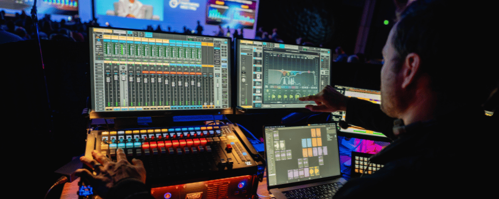 A/V producer working at a corporate conference
