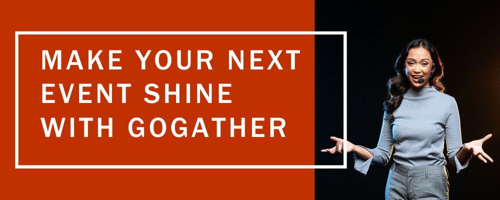 woman giving a presentation at a sales conference with title 'make your next event shine with GoGather'