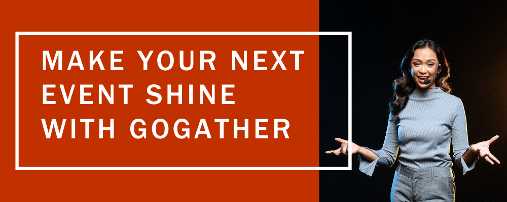 Woman giving an event presentation with title 'make your next event shine with GoGather'