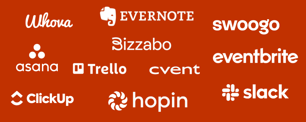 several different event management app logos arranged randomly on a red background