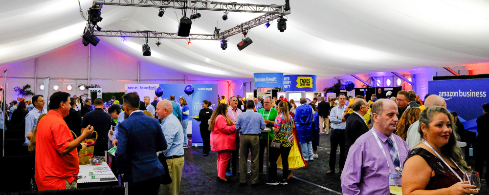 group of attendees networking at a expo hall