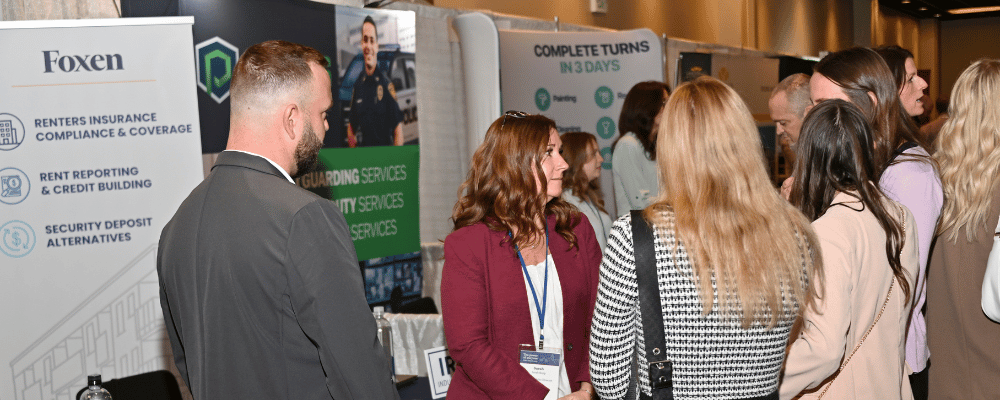 group of event attendees walking around an expo tradeshow