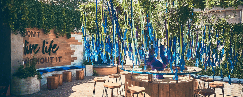 outdoor event networking setup with ribbons