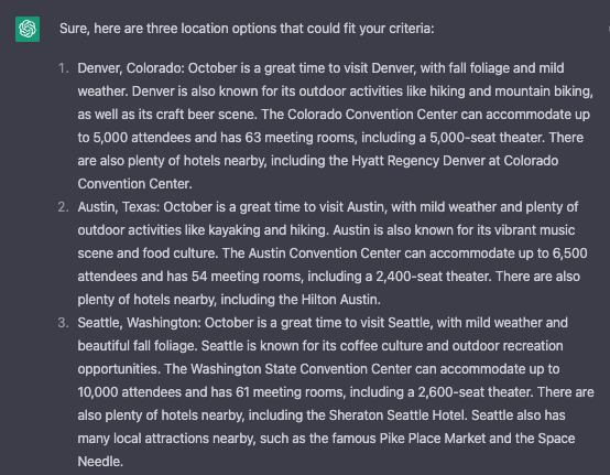chatgpt generating location suggestions for an event