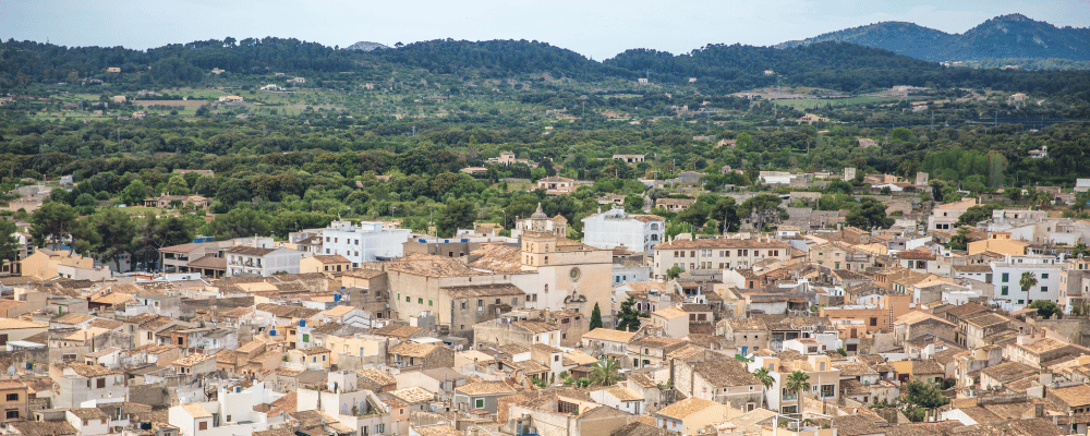 aerial view of the buildings and hills in Mallorca, Spain