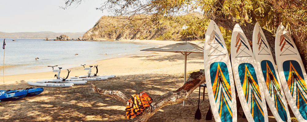 paddleboards and kayaks on beach for guest activities