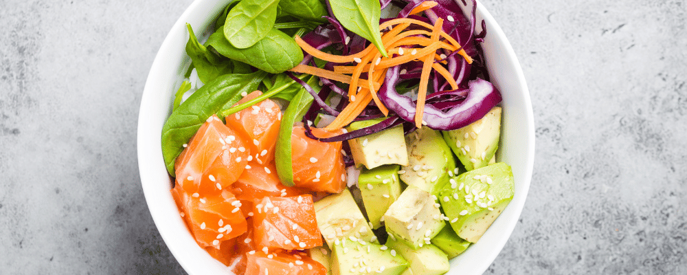 poke bowl with salmon and avocado in Maui, Hawaii