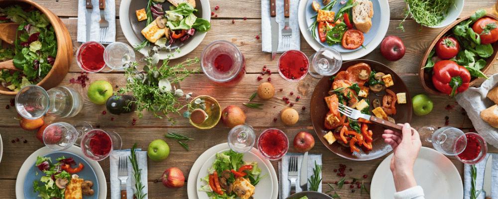 sustainable food on a wooden table at an event