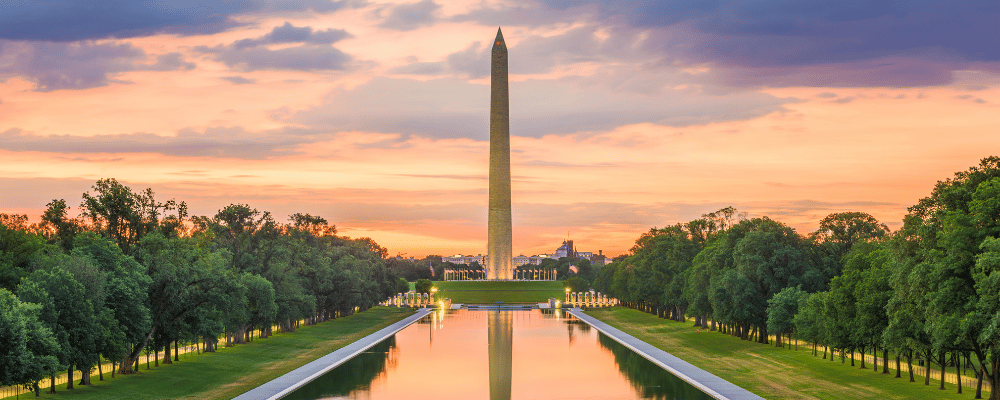 Washington monument with a sunset behind it in Washington dc